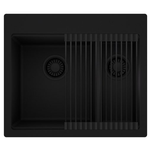 HD Aspen Black 58 kétmedencés gránit mosogatótálca szett, matt fekete csepegtetőráccsal, matt fekete színben, matt fekete leeresztő szifonnal