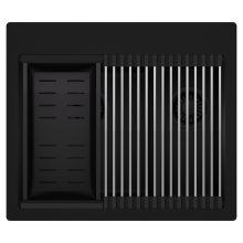 HD Aspen Black 58 kétmedencés gránit mosogatótálca szett, acél csepegtetőráccsal és matt fekete kosárral, matt fekete színben, matt fekete leeresztő szifonnal