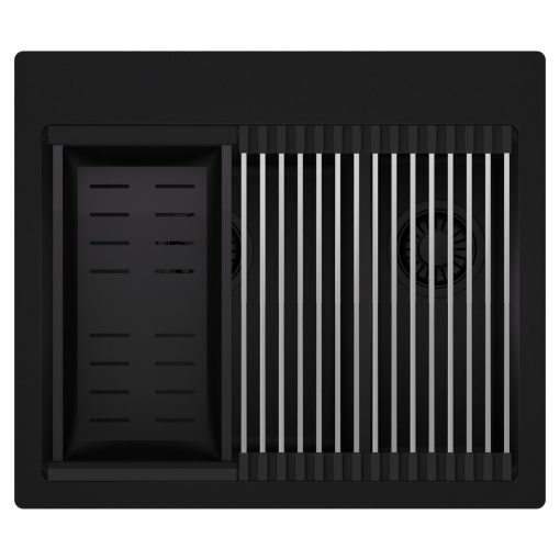 HD Aspen Black 58 kétmedencés gránit mosogatótálca szett, acél csepegtetőráccsal és matt fekete kosárral, matt fekete színben, matt fekete leeresztő szifonnal