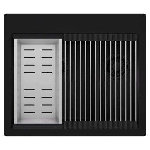 HD Aspen Black 58 kétmedencés gránit mosogatótálca szett, acél csepegtetőráccsal és kosárral, matt fekete színben, matt fekete leeresztő szifonnal