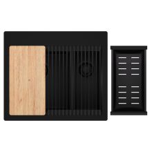 HD Aspen Black 58 kétmedencés gránit mosogatótálca szett, vágódeszkával, matt fekete csepegtetőráccsal és kosárral, matt fekete színben, matt fekete leeresztő szifonnal