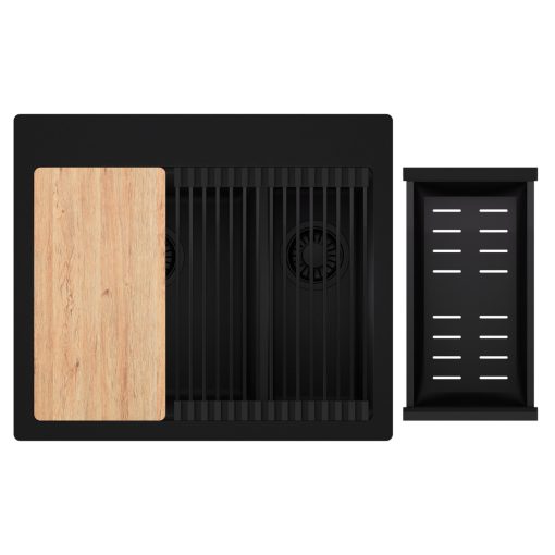 HD Aspen Black 58 kétmedencés gránit mosogatótálca szett, vágódeszkával, matt fekete csepegtetőráccsal és kosárral, matt fekete színben, matt fekete leeresztő szifonnal