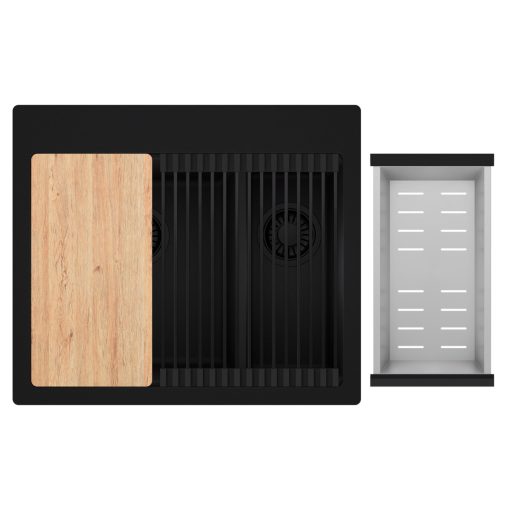 HD Aspen Black 58 kétmedencés gránit mosogatótálca szett, vágódeszkával, matt fekete csepegtetőráccsal és krómozott kosárral, matt fekete színben, matt fekete leeresztő szifonnal