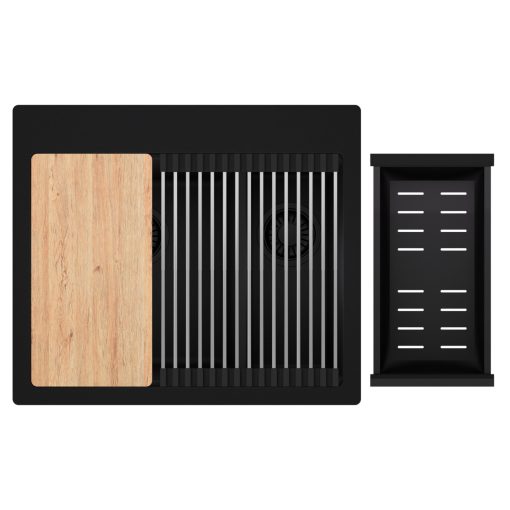 HD Aspen Black 58 kétmedencés gránit mosogatótálca szett, vágódeszkával, acél csepegtetőráccsal és matt fekete kosárral, matt fekete színben, matt fekete leeresztő szifonnal