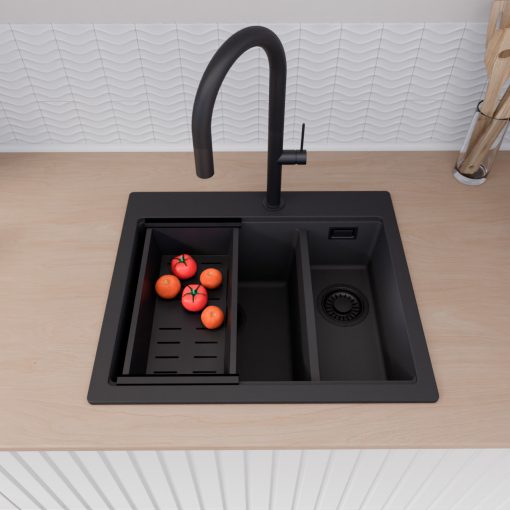 HD Aspen Black 58 kétmedencés gránit mosogatótálca szett, vágódeszkával, acél csepegtetőráccsal és matt fekete kosárral, matt fekete színben, matt fekete leeresztő szifonnal