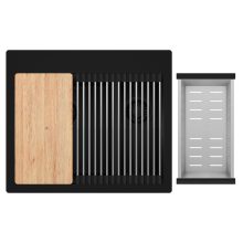 HD Aspen Black 58 kétmedencés gránit mosogatótálca szett, vágódeszkával, acél csepegtetőráccsal és kosárral, matt fekete színben, matt fekete leeresztő szifonnal