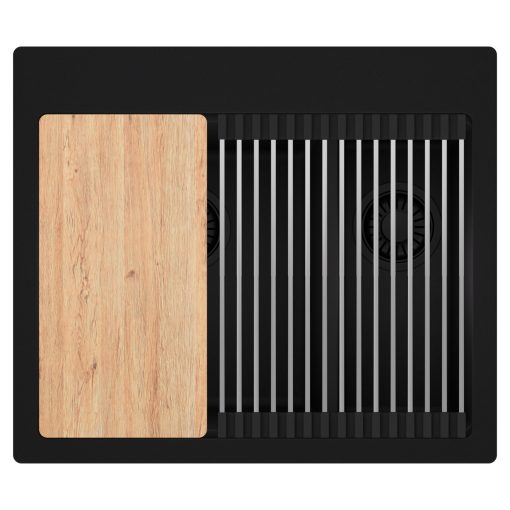 HD Aspen Black 58 kétmedencés gránit mosogatótálca szett, vágódeszkával, acél csepegtetőráccsal, matt fekete színben, matt fekete leeresztő szifonnal