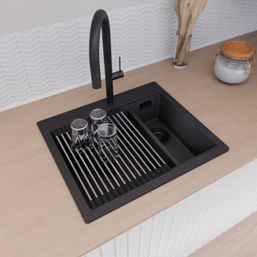 HD Aspen Black 58 kétmedencés gránit mosogatótálca szett, vágódeszkával, acél csepegtetőráccsal, matt fekete színben, matt fekete leeresztő szifonnal