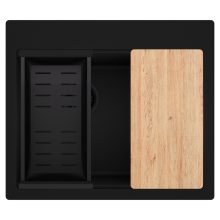 HD Aspen Black 58 kétmedencés gránit mosogatótálca szett, vágódeszkával, matt fekete csepegtetőkosárral, matt fekete színben, matt fekete leeresztő szifonnal