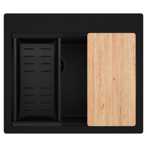 HD Aspen Black 58 kétmedencés gránit mosogatótálca szett, vágódeszkával, matt fekete csepegtetőkosárral, matt fekete színben, matt fekete leeresztő szifonnal