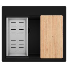 HD Aspen Black 58 kétmedencés gránit mosogatótálca szett, vágódeszkával, acél csepegtetőkosárral, matt fekete színben, matt fekete leeresztő szifonnal