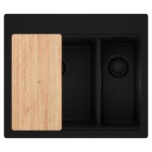 HD Aspen Black 58 kétmedencés gránit mosogatótálca, vágódeszkával, matt fekete színben, matt fekete leeresztő szifonnal