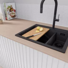 HD Aspen Black 58 kétmedencés gránit mosogatótálca, vágódeszkával, matt fekete színben, matt fekete leeresztő szifonnal