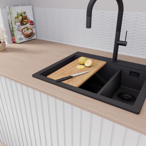 HD Aspen Black 58 kétmedencés gránit mosogatótálca, vágódeszkával, matt fekete színben, matt fekete leeresztő szifonnal