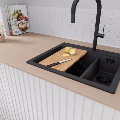 HD Aspen Black 58 kétmedencés gránit mosogatótálca, vágódeszkával, matt fekete színben, matt fekete leeresztő szifonnal