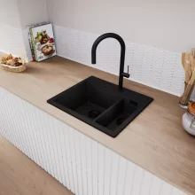 HD Aspen Black 58 kétmedencés gránit mosogatótálca, vágódeszkával, matt fekete színben, matt fekete leeresztő szifonnal