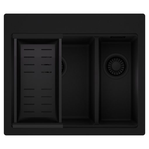 HD Aspen Black 58 kétmedencés gránit mosogatótálca szett, matt fekete csepegtetőkosárral, matt fekete színben, matt fekete leeresztő szifonnal