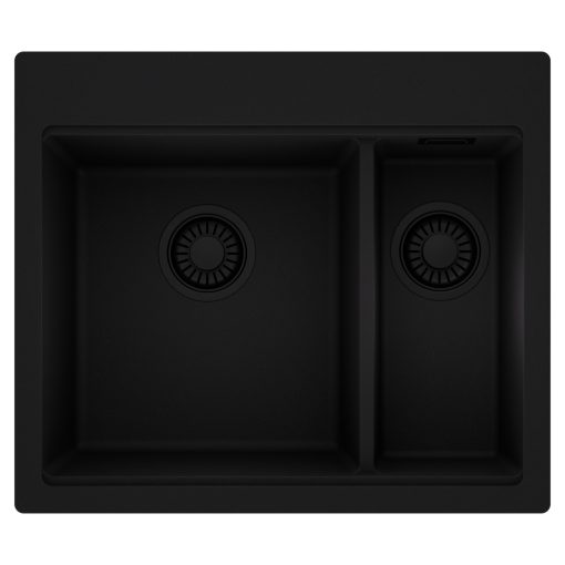 HD Aspen Black 58 kétmedencés gránit mosogatótálca, matt fekete színben, matt fekete leeresztő szifonnal
