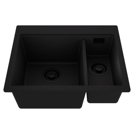 HD Aspen Black 58 kétmedencés gránit mosogatótálca, matt fekete színben, matt fekete leeresztő szifonnal