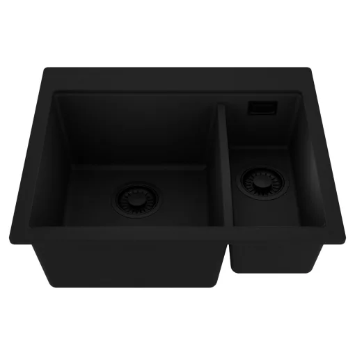 HD Aspen Black 58 kétmedencés gránit mosogatótálca, matt fekete színben, matt fekete leeresztő szifonnal