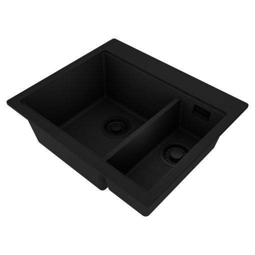 HD Aspen Black 58 kétmedencés gránit mosogatótálca, matt fekete színben, matt fekete leeresztő szifonnal