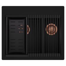 HD Aspen Black 58 kétmedencés gránit mosogatótálca szett, matt fekete csepegtetőráccsal és kosárral, matt fekete színben, szálcsiszolt réz leeresztő szifonnal