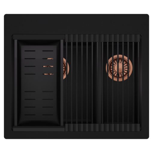 HD Aspen Black 58 kétmedencés gránit mosogatótálca szett, matt fekete csepegtetőráccsal és kosárral, matt fekete színben, szálcsiszolt réz leeresztő szifonnal