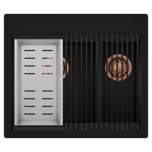 HD Aspen Black 58 kétmedencés gránit mosogatótálca szett, matt fekete csepegtetőráccsal és krómozott kosárral, matt fekete színben, szálcsiszolt réz leeresztő szifonnal