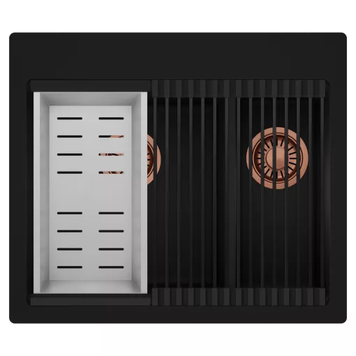 HD Aspen Black 58 kétmedencés gránit mosogatótálca szett, matt fekete csepegtetőráccsal és krómozott kosárral, matt fekete színben, szálcsiszolt réz leeresztő szifonnal