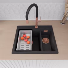 HD Aspen Black 58 kétmedencés gránit mosogatótálca szett, matt fekete csepegtetőráccsal és krómozott kosárral, matt fekete színben, szálcsiszolt réz leeresztő szifonnal