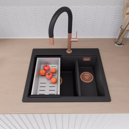 HD Aspen Black 58 kétmedencés gránit mosogatótálca szett, matt fekete csepegtetőráccsal és krómozott kosárral, matt fekete színben, szálcsiszolt réz leeresztő szifonnal