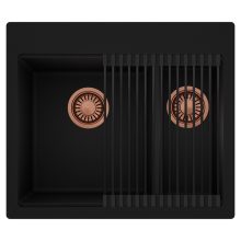 HD Aspen Black 58 kétmedencés gránit mosogatótálca szett, matt fekete csepegtetőráccsal, matt fekete színben, szálcsiszolt réz leeresztő szifonnal