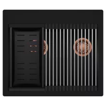 HD Aspen Black 58 kétmedencés gránit mosogatótálca szett, acél csepegtetőráccsal és matt fekete kosárral, matt fekete színben, szálcsiszolt réz leeresztő szifonnal