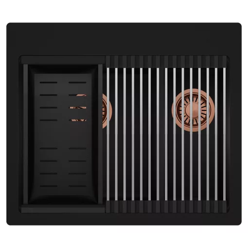 HD Aspen Black 58 kétmedencés gránit mosogatótálca szett, acél csepegtetőráccsal és matt fekete kosárral, matt fekete színben, szálcsiszolt réz leeresztő szifonnal