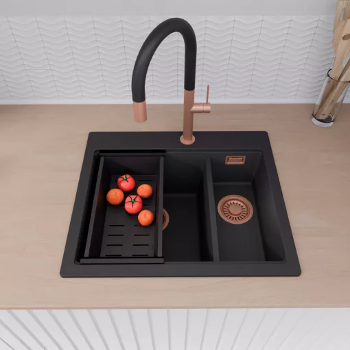 HD Aspen Black 58 kétmedencés gránit mosogatótálca szett, acél csepegtetőráccsal és matt fekete kosárral, matt fekete színben, szálcsiszolt réz leeresztő szifonnal