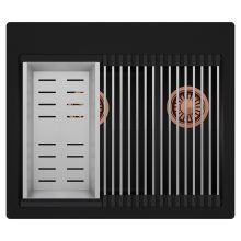 HD Aspen Black 58 kétmedencés gránit mosogatótálca szett, acél csepegtetőráccsal és kosárral, matt fekete színben, szálcsiszolt réz leeresztő szifonnal