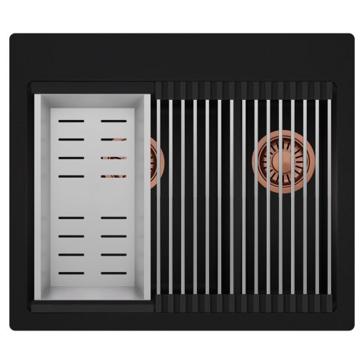 HD Aspen Black 58 kétmedencés gránit mosogatótálca szett, acél csepegtetőráccsal és kosárral, matt fekete színben, szálcsiszolt réz leeresztő szifonnal