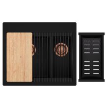 HD Aspen Black 58 kétmedencés gránit mosogatótálca szett, vágódeszkával, matt fekete csepegtetőráccsal és kosárral, matt fekete színben, szálcsiszolt réz leeresztő szifonnal