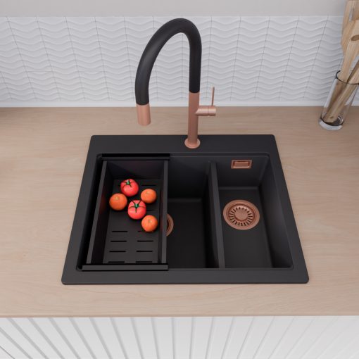 HD Aspen Black 58 kétmedencés gránit mosogatótálca szett, vágódeszkával, matt fekete csepegtetőráccsal és kosárral, matt fekete színben, szálcsiszolt réz leeresztő szifonnal