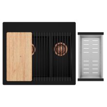 HD Aspen Black 58 kétmedencés gránit mosogatótálca szett, vágódeszkával, matt fekete csepegtetőráccsal és krómozott kosárral, matt fekete színben, szálcsiszolt réz leeresztő szifonnal