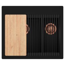 HD Aspen Black 58 kétmedencés gránit mosogatótálca szett, vágódeszkával, matt fekete csepegtetőráccsal, matt fekete színben, szálcsiszolt réz leeresztő szifonnal