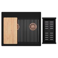 HD Aspen Black 58 kétmedencés gránit mosogatótálca szett, vágódeszkával, acél csepegtetőráccsal és matt fekete kosárral, matt fekete színben, szálcsiszolt réz leeresztő szifonnal