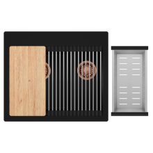 HD Aspen Black 58 kétmedencés gránit mosogatótálca szett, vágódeszkával, acél csepegtetőráccsal és kosárral, matt fekete színben, szálcsiszolt réz leeresztő szifonnal