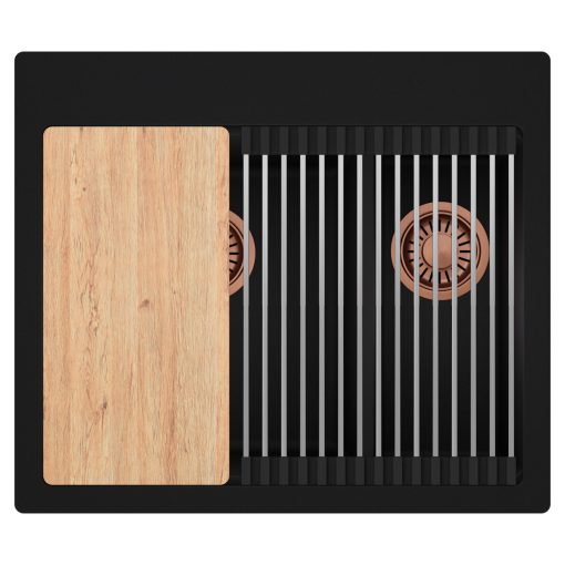 HD Aspen Black 58 kétmedencés gránit mosogatótálca szett, vágódeszkával, acél csepegtetőráccsal, matt fekete színben, szálcsiszolt réz leeresztő szifonnal