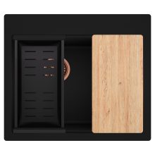 HD Aspen Black 58 kétmedencés gránit mosogatótálca szett, vágódeszkával, matt fekete csepegtetőkosárral, matt fekete színben, szálcsiszolt réz leeresztő szifonnal