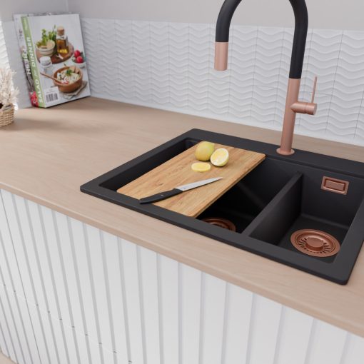 HD Aspen Black 58 kétmedencés gránit mosogatótálca szett, vágódeszkával, matt fekete csepegtetőkosárral, matt fekete színben, szálcsiszolt réz leeresztő szifonnal