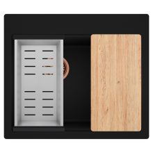 HD Aspen Black 58 kétmedencés gránit mosogatótálca szett, vágódeszkával, acél csepegtetőkosárral, matt fekete színben, szálcsiszolt réz leeresztő szifonnal