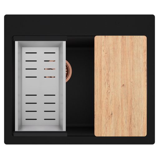 HD Aspen Black 58 kétmedencés gránit mosogatótálca szett, vágódeszkával, acél csepegtetőkosárral, matt fekete színben, szálcsiszolt réz leeresztő szifonnal