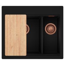 HD Aspen Black 58 kétmedencés gránit mosogatótálca, vágódeszkával, matt fekete színben, szálcsiszolt réz leeresztő szifonnal