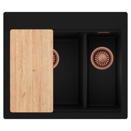 HD Aspen Black 58 kétmedencés gránit mosogatótálca, vágódeszkával, matt fekete színben, szálcsiszolt réz leeresztő szifonnal